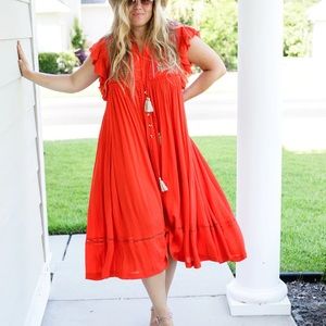 Free People Red Embroidered Boho Midi Dress NWOT